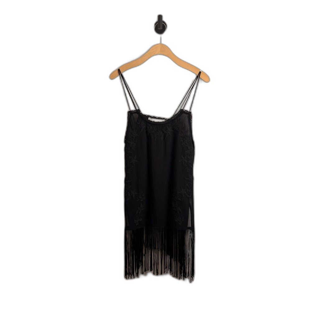 ZARA BASIC Black Embroidered Floral Fringe Cami Top Size M Boho Festival